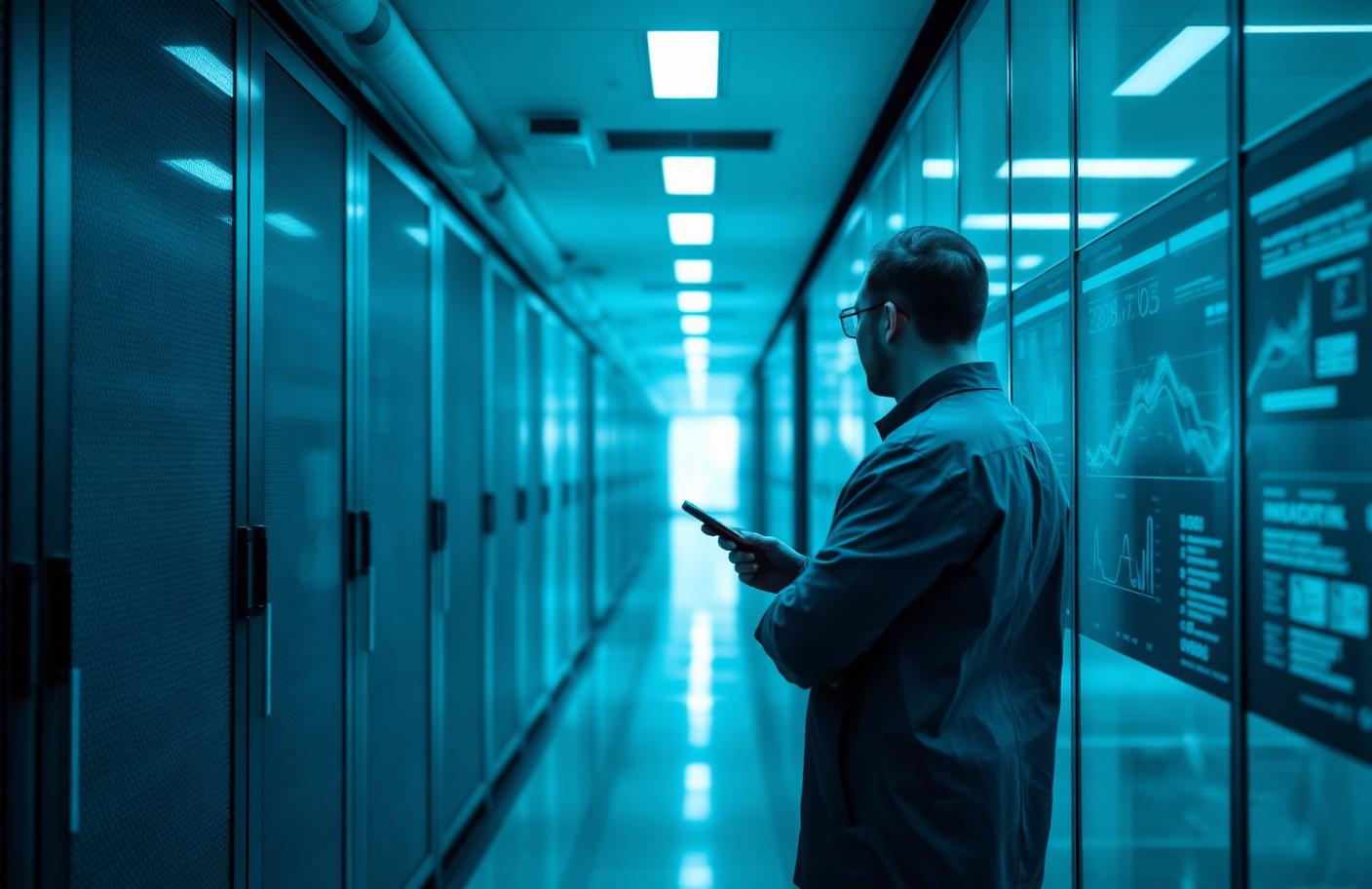 Security engineer reviewing tenant isolation dashboards in a secure data centre